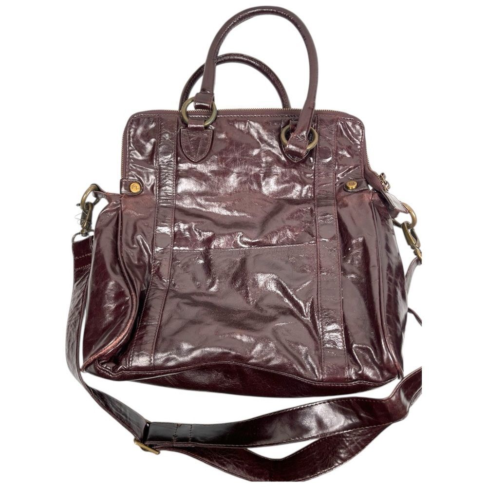 Latico Brown Genuine Patent Leather Foldover Crossbody Travel Tote Bag